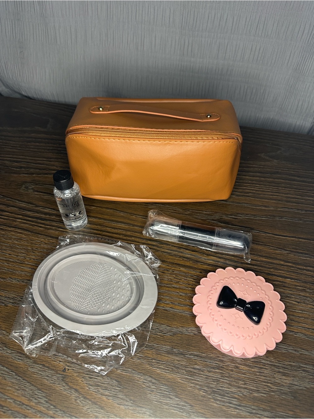 Tan Leather-Look Zip 5 compartment Cosmetic Bag